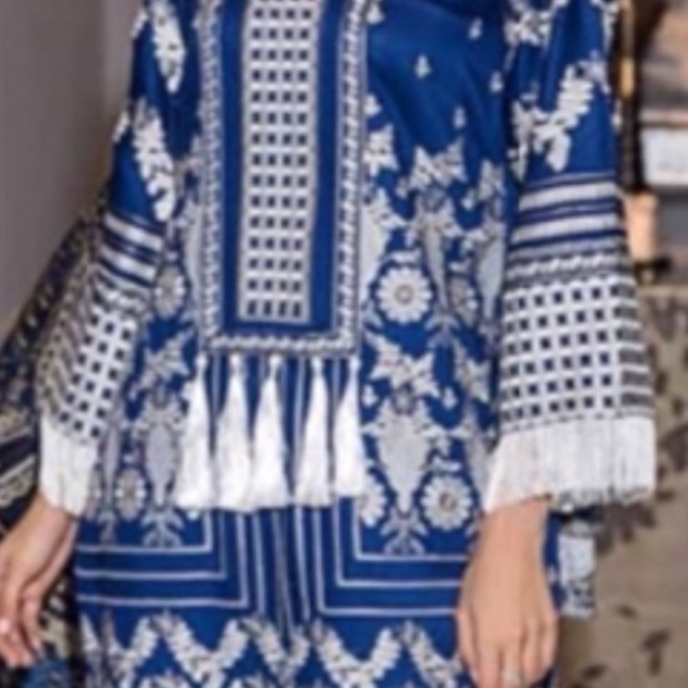 Blue and White Patterned Indian suit included qameez and trousers + dupatta